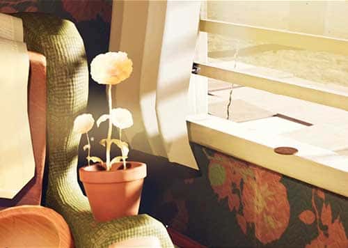 Craig Macbeth-Hornett - Image of a 3D rendering of the inside of a living room featuring a small flower blowing in the breeze coming in from an open window