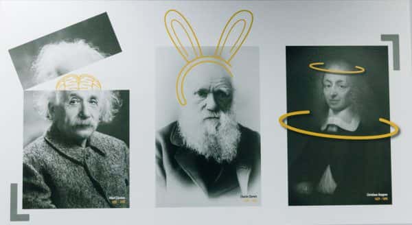 The Lab - design featuring classic photos of Albert Einstein, Charles Darwin and Christiaan Huygens with a comical brain, bunny ears and rings