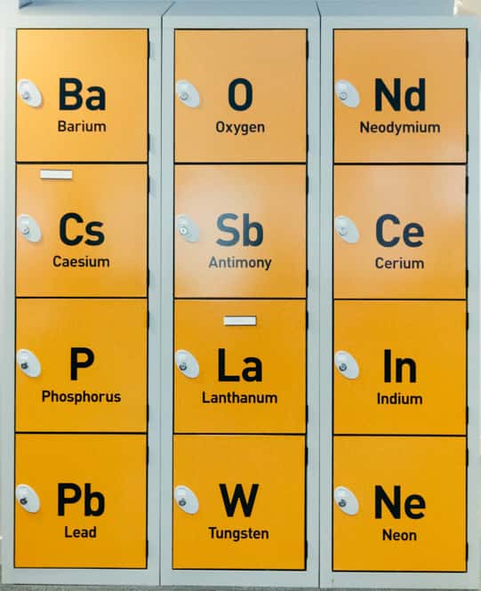 The Lab - Photo of yellow square lockers with titles for various chemical elements