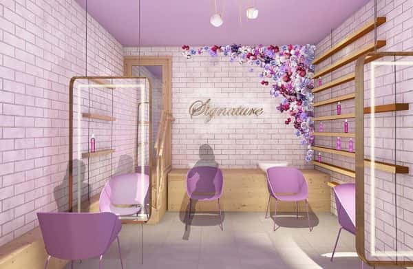 Leah Walker - BA Interior Design student work showing the inside of a hair salon named 'Signature'. Purple chairs, purple ceiling and brick walls with flowers on the wall by Leah Walker.