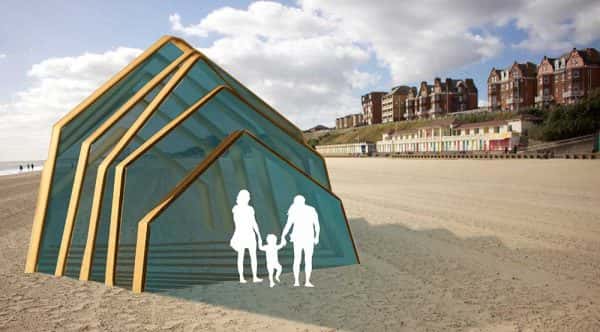 Leonor Peixoto - BA Interior Design student work by Leonor Peixoto showing a large triangular structure on the beach.