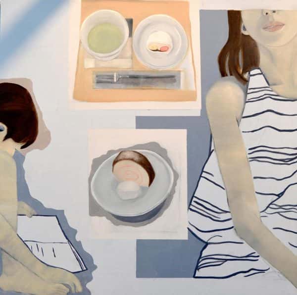  - painting by Jessica Burges depicts multiple paintings combined into one pieces showing a woman in a striped white top, a plate of food, a meal laid out on a mat and a small child reading a book