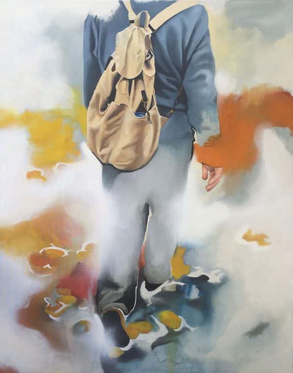  - painting by Joss Minter shows a human walking with a loose tan backpack and blue clothes walking through white mist and yellow and orange colours mixed in