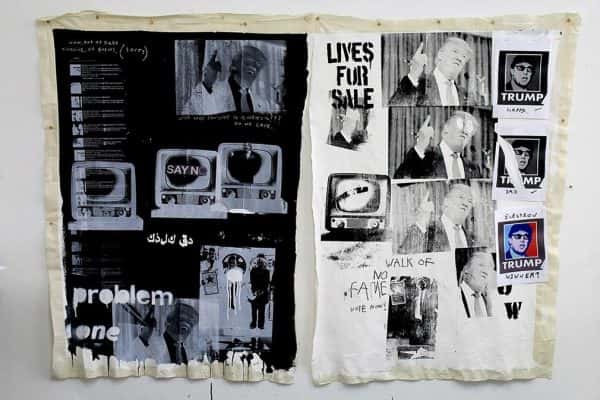  - photo of mounted work on fabric shows two pieces displaying a black print with grey white print depicting US president donald trump and various text titles and the other on white with more images and writing
