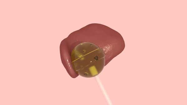  - 3D generated image shows an unconnected tongue-like object with slight shine wrapped around a partially transparent lollipop againt plain background