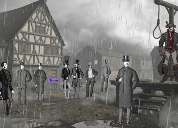 George Britton - Image of some 17th century characters in a rainy scene