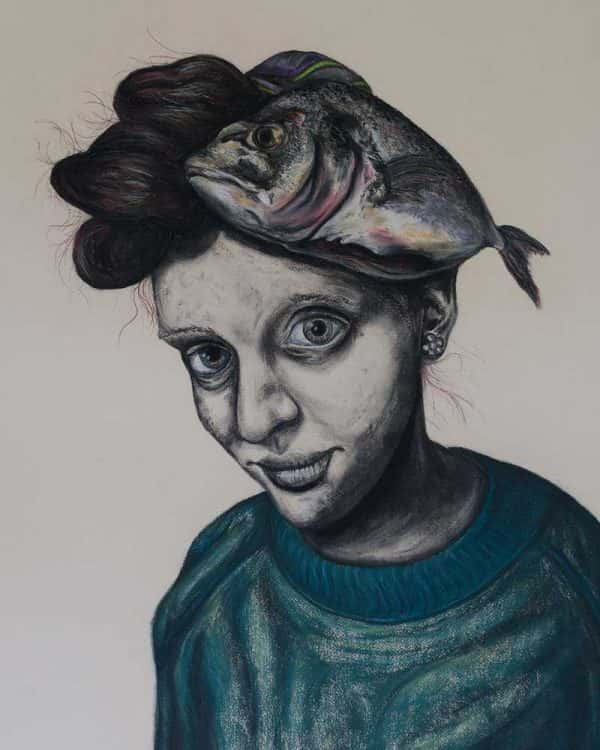 Jake Holmes - Hand illustration of a woman with a fish on her head looking straight forward with a wry smile