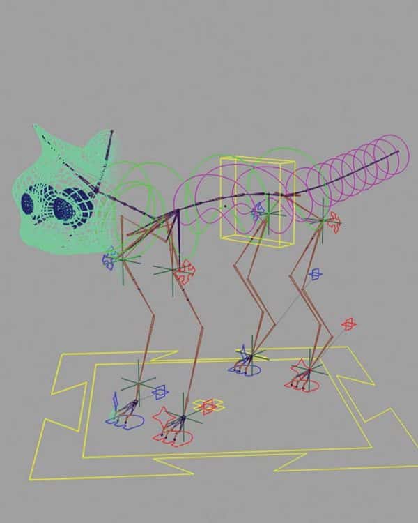 Kerrie Shreeve - Image of a wireframe cat character within 3D motion software created by NUA student Kerrie Shreeve