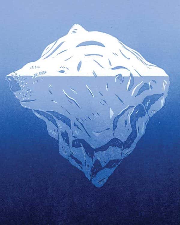 Mark Johnson - Image of a illustration of a polar bear's head with an iceberg underneath it, on a bright blue background