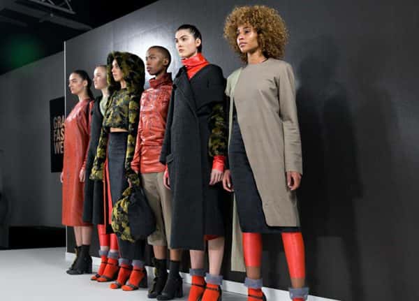 Bethany Covill - Image of a red, black and green collection of garments at Graduate Fashion Week