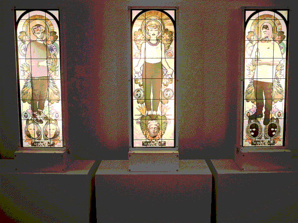 Toby Price - Image of three sculptures featuring stained glass windows with designs of urban characters
