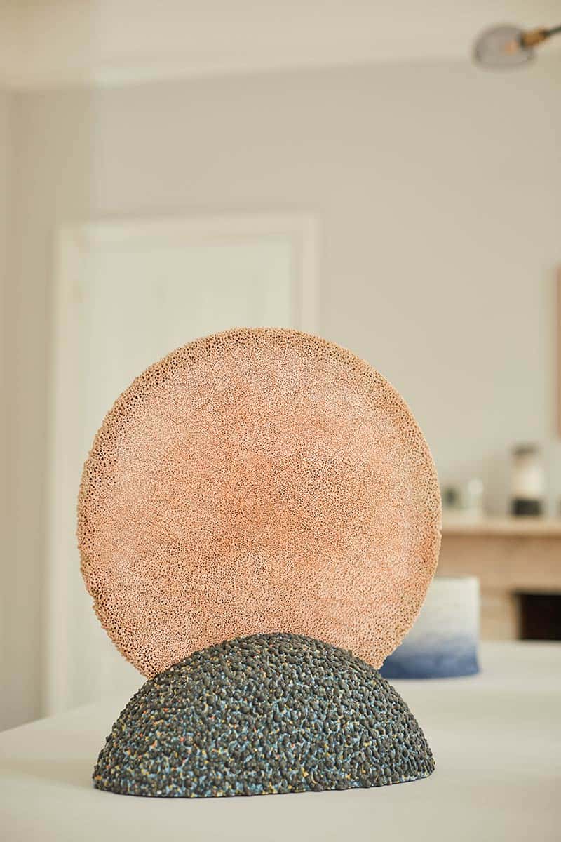 Round sculpture ceramic in Caroline Fisher's gallery in Norwich