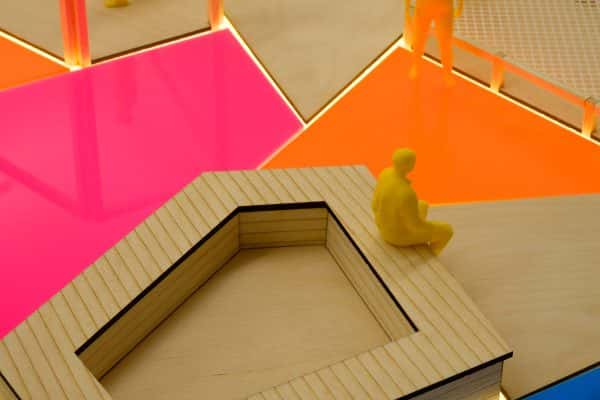 Leonor Peixoto - Close up of an Interior Design model by a student from Norwich University of the Arts, showing bright coloured work
