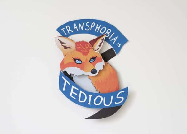 Harry Pearce, MA Communication Design - Illustration of a fox surrounded by a banner that says Transphobia is Tedious