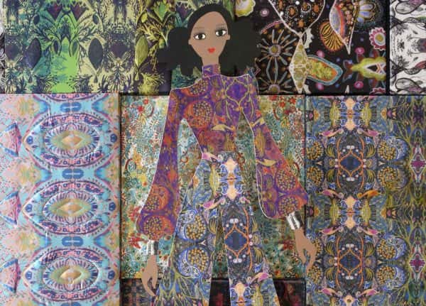 Naomi Povey, MA Textile Design - Colourful intensely patterned photo of tesselating textiles panels with an illustration of a woman in the middle