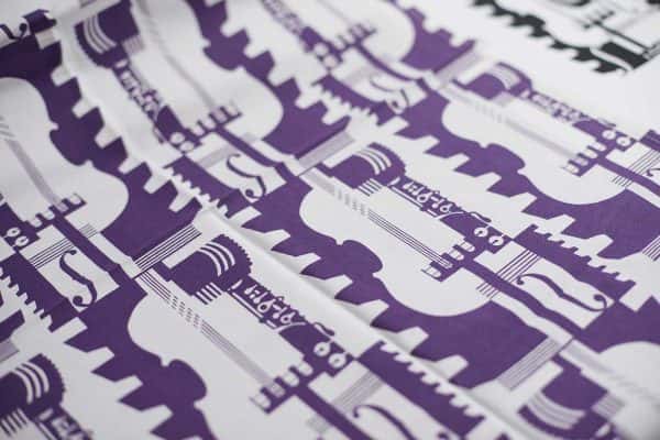 Work for the Barbican Centre by BA Textile Design Course Leader Kate Farley - Kate Farley's print pattern for the Barbican Centre showing purple orchestra instruments