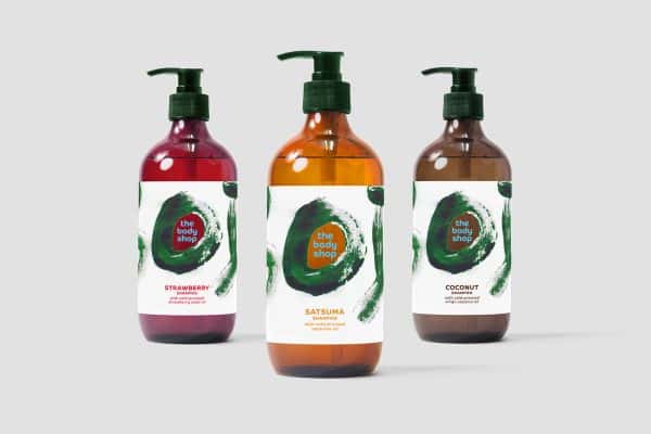 Lauren Kirby - BA Graphic Design work by Lauren Kirby showing 3 bottles of mocked up Body Shop liquids with designed labels