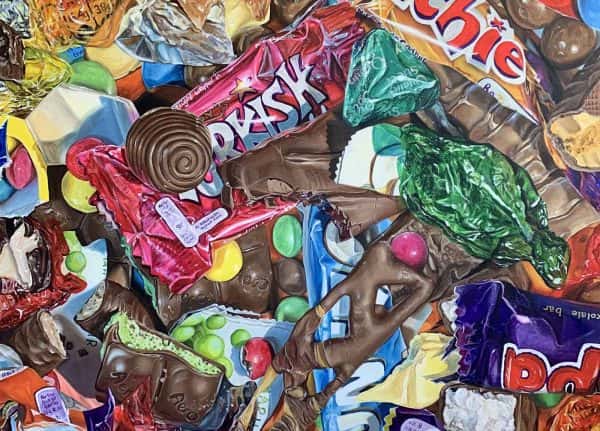 Emilia Symis - Painting by Fine Art graduate Emilia Symis showing piles of chocolate in and out of their bright wrappers