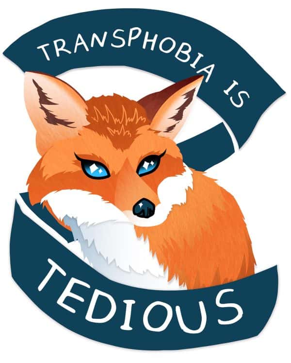 Harry Pearce - Illustration showing a fox wrapped in a banner that reads Transphobia is tedious