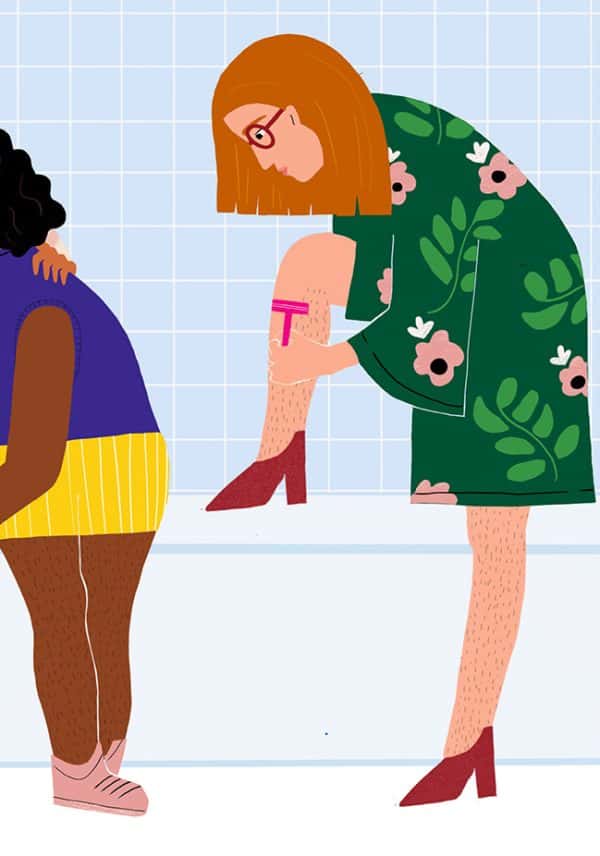 Katie Speed - Illustration showing two women in a pale blue bathroom and one is shaving her legs