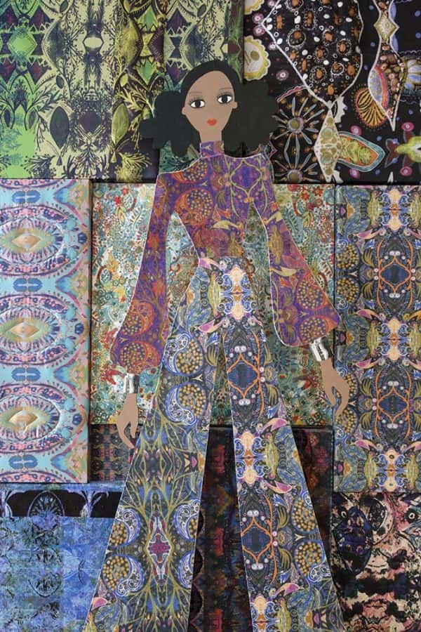 Naomi Povey - MA Textile Design work of a highly patterned wall with a wooden female figure in front wearing clothes in the same patterns