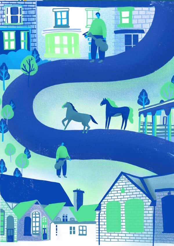 Sophie Cane - Illustration in bright blue and green showing a path weaving down the image with buildings, people and horses