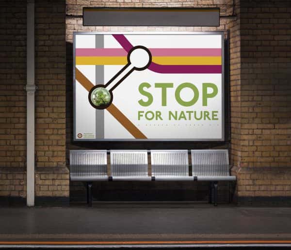 Yuhe Lin - Mockup of a London underground platform showing metal seats underneath a sign that reads Stop for Nature