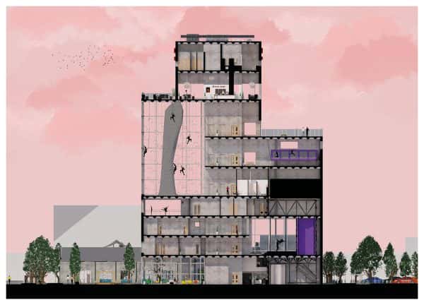 Shotwell Sports Centre - An architectural drawing by BA Architecture student Bahlen Hassan, showing a cross section of a sports centre. The drawing depicts people on a climbing wall and moving throughout the building.