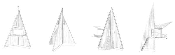 Lifeguard Tower - A technical drawing of pyramid-like lifeguard tower, inspired by fishing trawlers. By BA Architecture student Bradley Fletcher