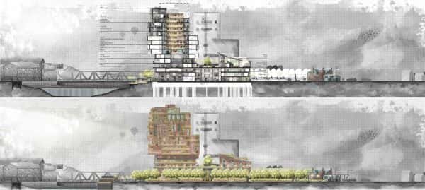 Timeless: The Mills Hotel & Auction - Technical cross section drawing of a building in a watercolour style by BA Architecture student Conrad Areta