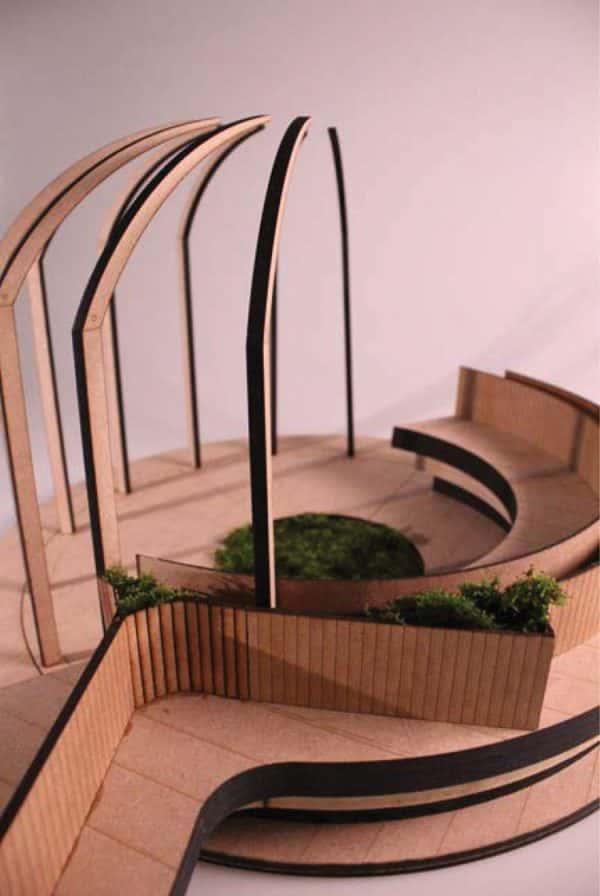 Bench - A model of an outdoor sheltered seating area, made from laser cut pieces of wood, by BA Architecture student Sean Hendley