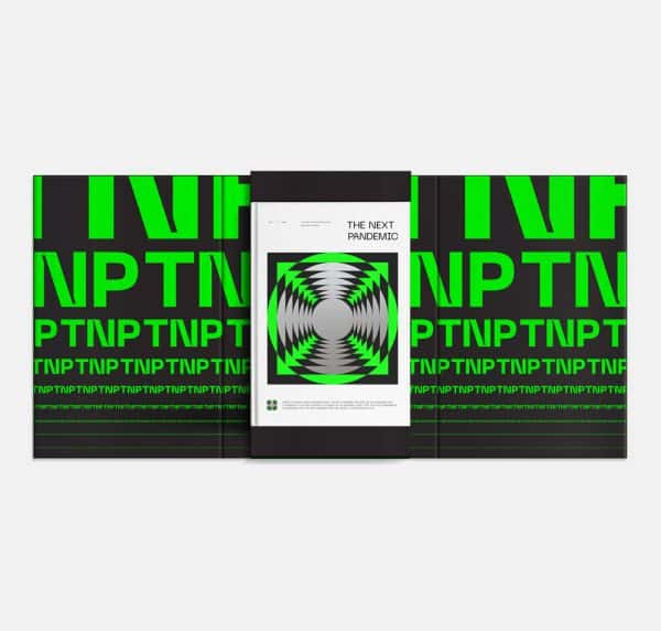 The Last Pandemic - Book jacket design for 'The Last Pandemic' by BA Design for Publishing student Dan Ayris. A black book jacket, with bold, large, luminous green typography repeating 'TNP over and over. The luminous green type suggests 'virus'.