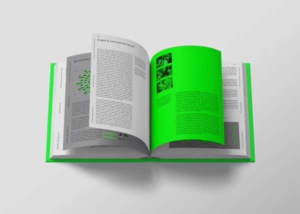 The Last Pandemic - Book design for 'The Last Pandemic' by BA Design for Publishing student Dan Ayris. A mockup of an open book shows a white page on the left, and a luminous green page on the right. The book is laid out like a textbook, providing information on viruses and pandemics.