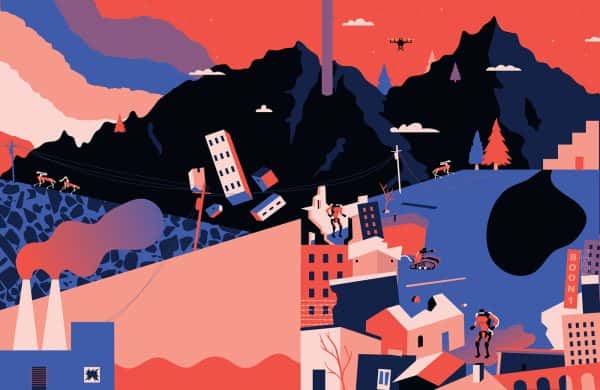 Ellie Hawes - Illustration by BA Design for Publishing student Ellie Hawes. A digital, flat colour illustration using blue, pink and black colours and tints. Depicting a mountainouse landscape juxtaposed with a cityscape