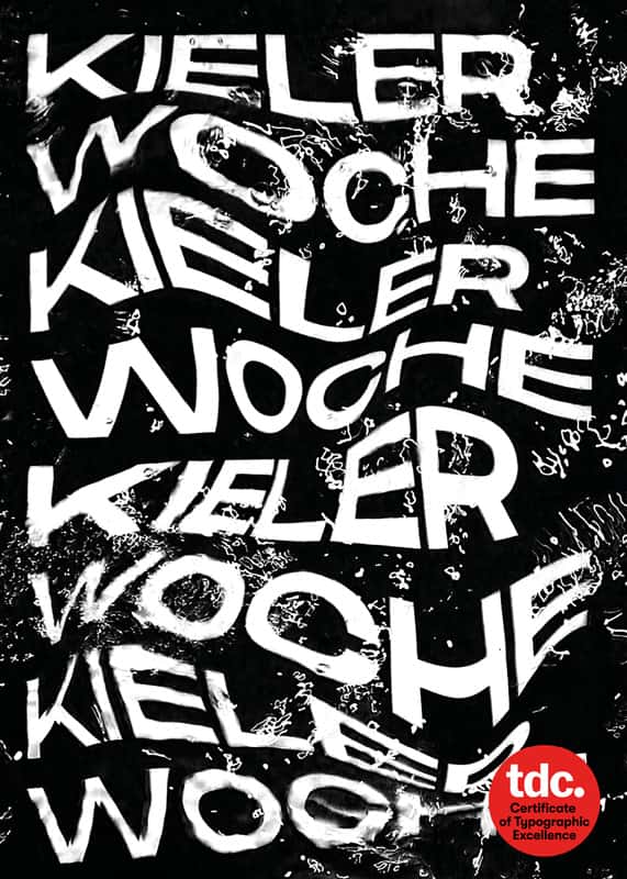 Sophia Brandt - Typographic poster promoting Kieler Woche, a German boating festival by BA Graphic Communication student Sophia Brandt. A black poster with warped white typography. Kieler Woche is repeated across the poster and warped to look as if it's under water.