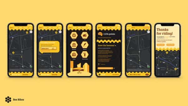 Tom Horbury - App design concepts showing different menus of a bicycle hire app
