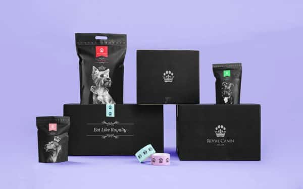 Tom Hardwick - A mockup of Royal Canin pet food packaging, including postal boxes with a crown in the shape of a paw, pet food sachets, and tape with a paw print pattern. By BA Graphic Design graduate Tom Hardwick
