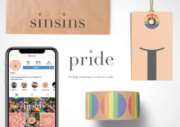 Billy Nhiwatiwa - Branding for Sinsins boutique. Instagram design, tape with rainbow patterns and the words 'pride: loving someone is never a sin'