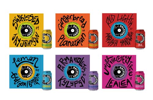 Amelia Cherrill - Dalston's drink packaging design. Multicoloured cans and boxes with hand drawn lettering describing each flavour