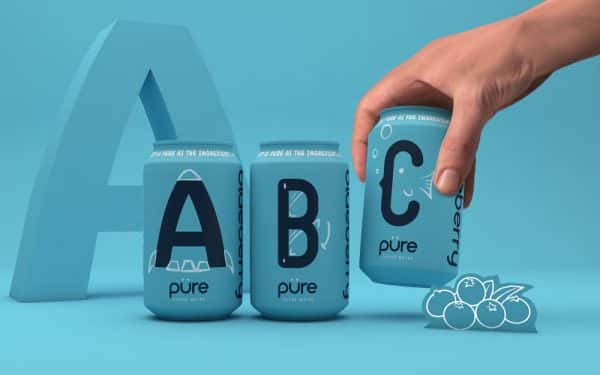Ben Chamberlain, Ethan Brown & Ella Flood - Can packaging design for pure juiced water. Three blue cans with a letter A, B, C