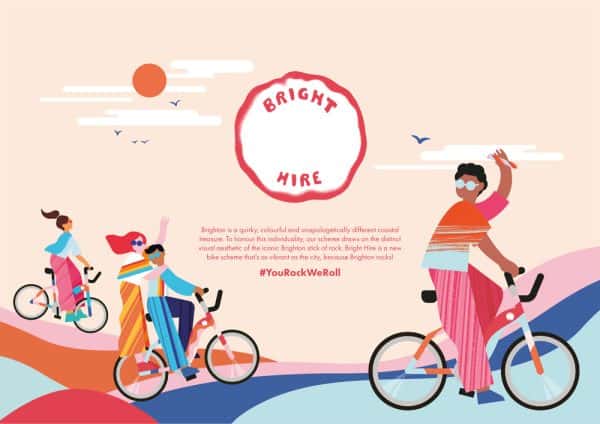 Ella Flood & Erin Ruane - Promotional marketing design for Bright Hire bikes, using colourful illustrations of people riding bikes and a piece of rock with 'Bright Hire' inscribed