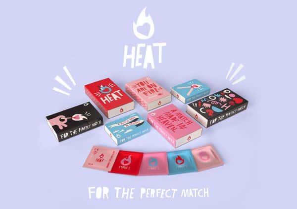 Erin Ruane - Heat condom packaging design by BA Graphic Design student Erin Ruane. Black, red, pink and blue boxes playing off a match concept