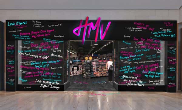 Ryan Hayes, Jess Edwards & Tyler Pearce - HMV storefront design, with hand written music memories across the windows, in blue, white and pink