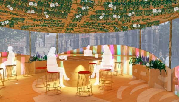 Isabella Elsworth - Public seating area design inside a wooden structure, with a living roof filled with greenery and flowers