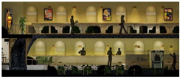 Madeleine Greeves - Interior design concept for a two floor bar. With bar seating area, film posters and planting