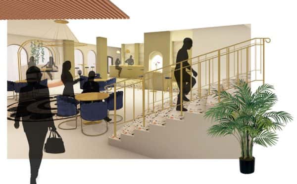 Madeleine Greeves - Interior design concept featuring a bar area, communal seating areas and stairs, in gold, cream and pink colours