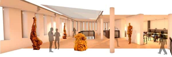 Patricia González - Panoramic interior design render for a gallery space, with space for installations and a cafe