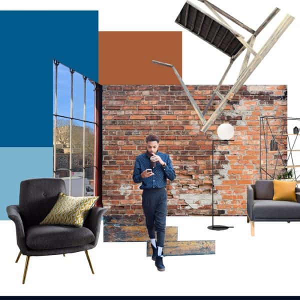 Rebecca Sayer - Interiors moodboard of a modern apartment, with exposed brick wall, floor to ceiling windows, modern minimalist furniture and a man on a mobile phone