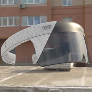 A 3D render of a half-face visor, half of it is very convincing as a real world object with lighting and textures, and the other half is a 'net', white floating object with no lighting or texture, with grid lines to show the 3D shape.
