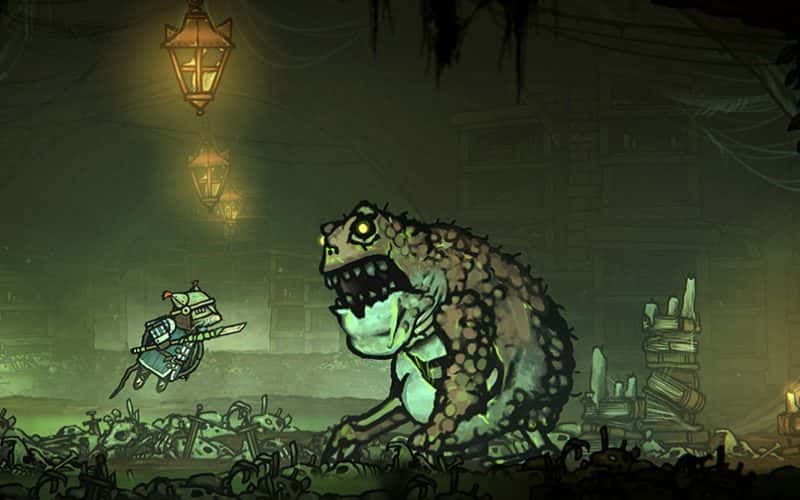 Image showing gameplay screen shot from Tails of Iron showing a 2D armoured rat jumping towards a gaint frog in a misty crypt